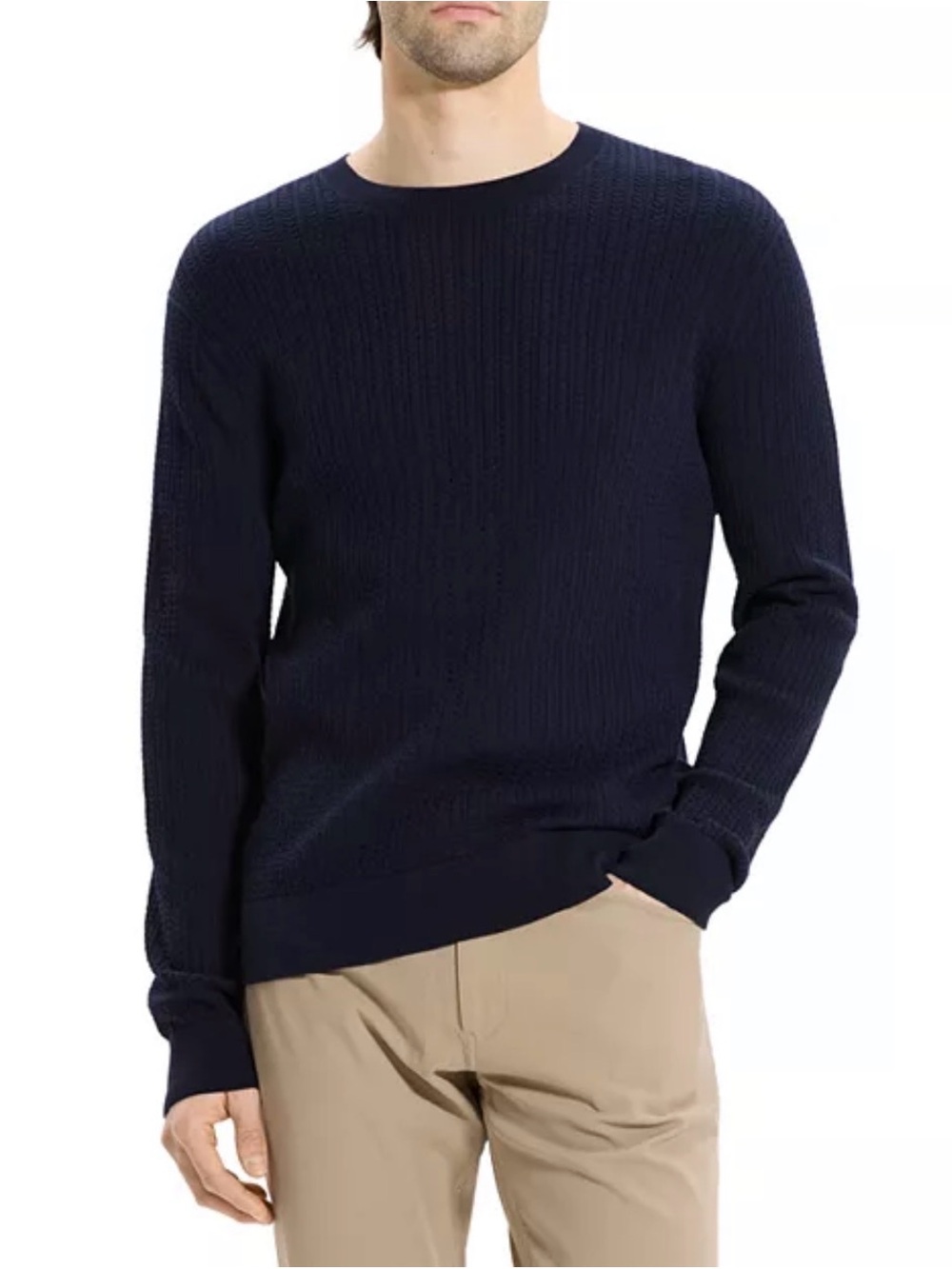 Theory Riland Cable Knit Crewneck Sweater Navy Blue Luxury Preppy Academia M